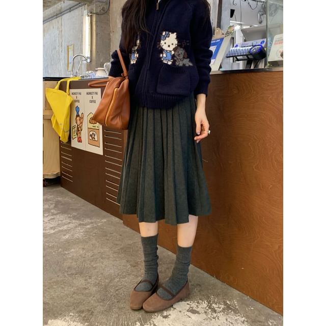 High Waist Knitted Midi A-Line Pleated Skirt