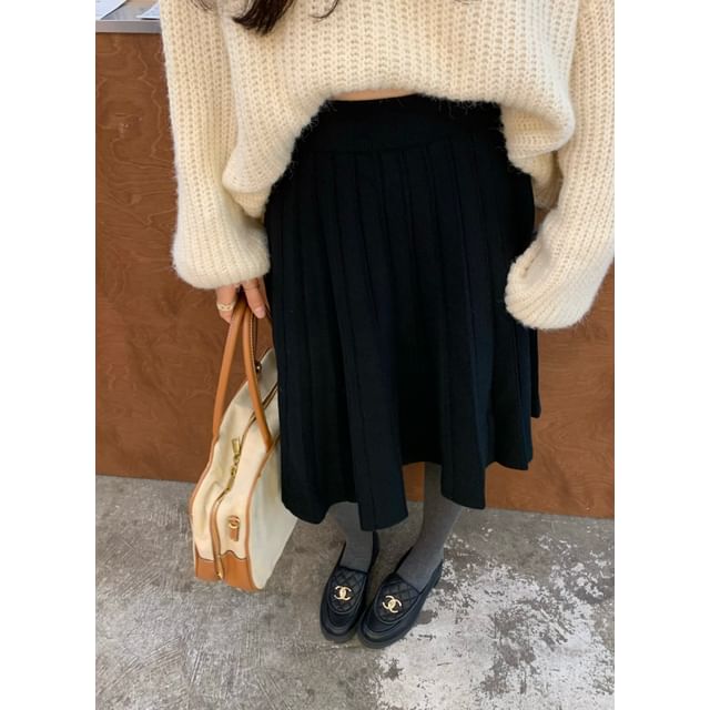 High Waist Knitted Midi A-Line Pleated Skirt