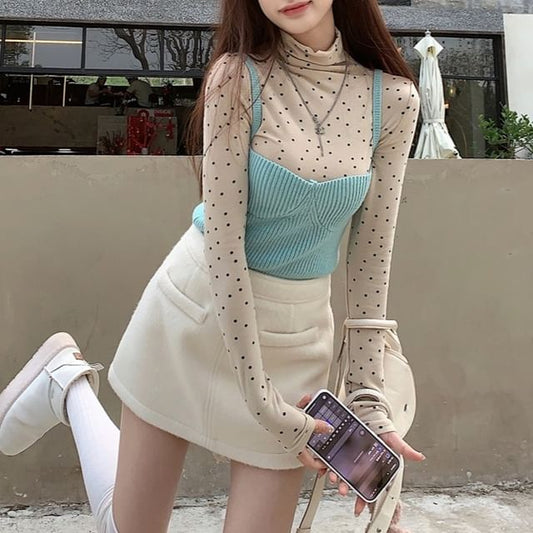 Ribbed Knit Camisole, Turtleneck Tee & High Waist Skirt Set