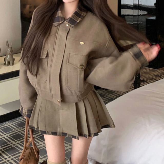 Plaid Panel Detail Zip Jacket & Pleated Mini Skirt Set