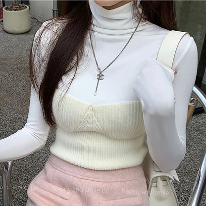 Ribbed Knit Camisole, Turtleneck Tee & High Waist Skirt Set