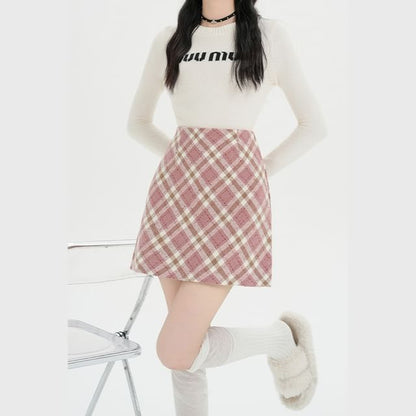 High Waist Plaid Pencil Skirt