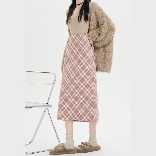 High Waist Plaid Pencil Skirt