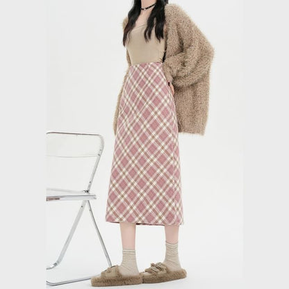 High Waist Plaid Pencil Skirt