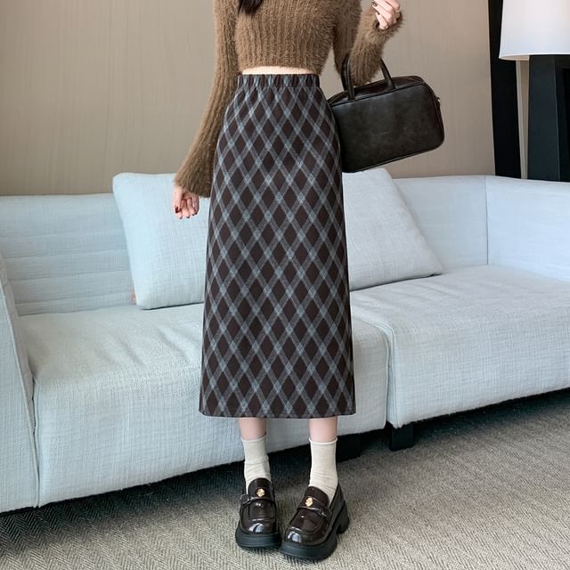 High Waist Plaid Midi A-Line Skirt