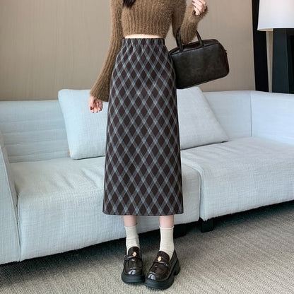 High Waist Plaid Midi A-Line Skirt