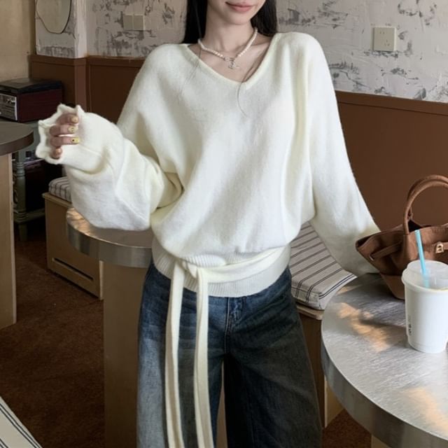 V-Neck Drop Shoulder Knit Sweater