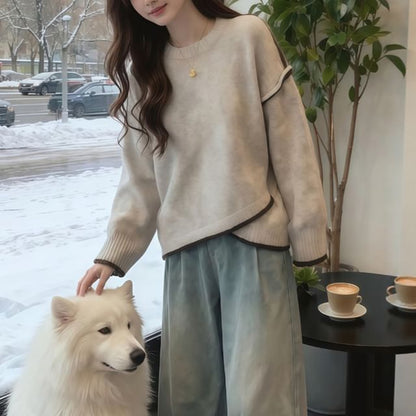 Crew Neck Drop Shoulder Sweater with Contrast Trim