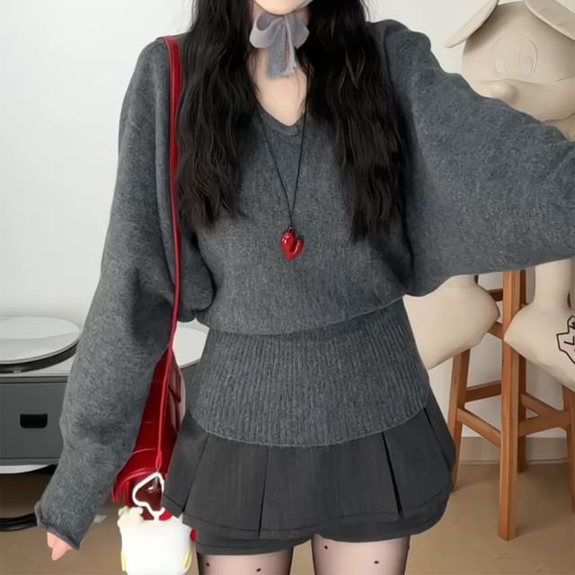 V-Neck Drop Shoulder Knit Sweater