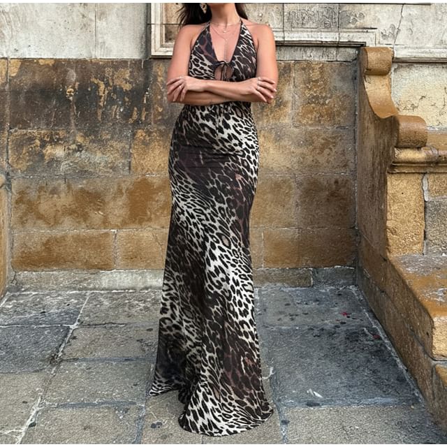 Sleeveless Halter Neck Leopard Print Maxi Bodycon Dress
