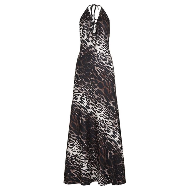 Sleeveless Halter Neck Leopard Print Maxi Bodycon Dress