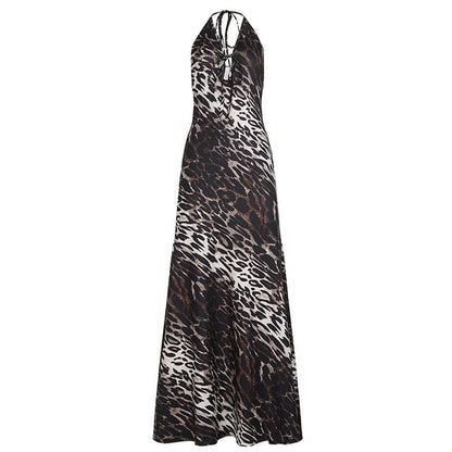 Sleeveless Halter Neck Leopard Print Maxi Bodycon Dress
