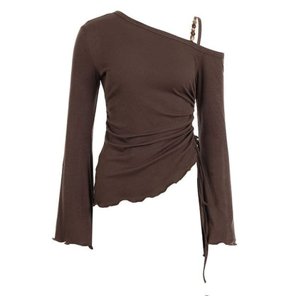 Off-Shoulder Side Drawstring Fitted Top with Long Sleeves