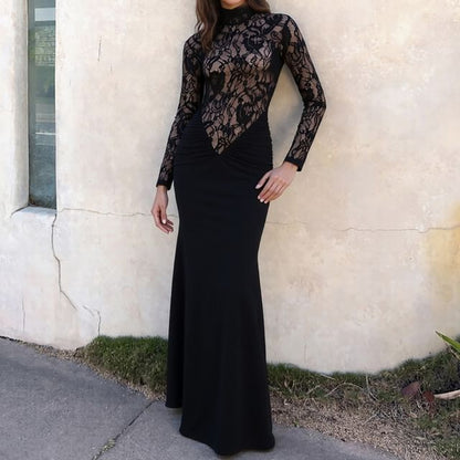 Long-Sleeve Mock Neck Lace Panel Maxi Sheath Dress