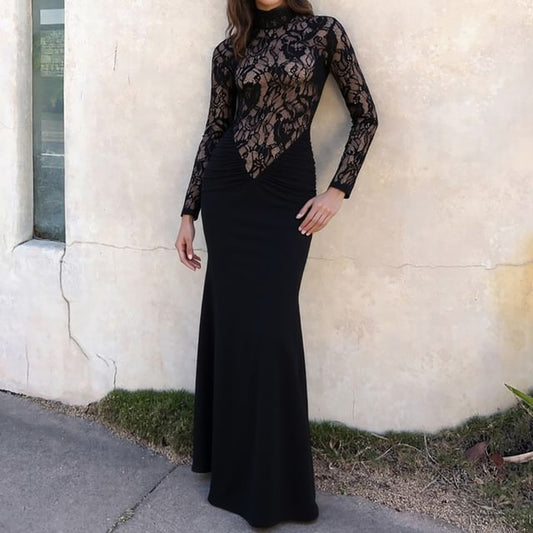 Long-Sleeve Mock Neck Lace Panel Maxi Sheath Dress