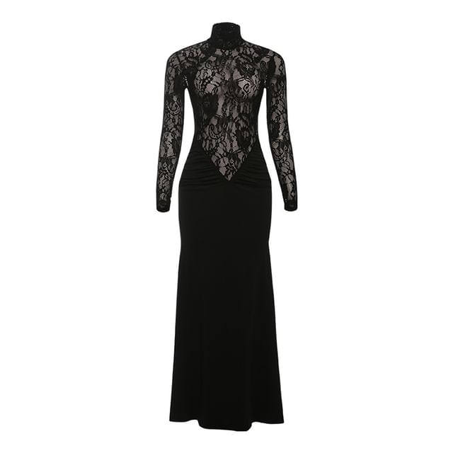Long-Sleeve Mock Neck Lace Panel Maxi Sheath Dress