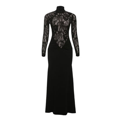 Long-Sleeve Mock Neck Lace Panel Maxi Sheath Dress