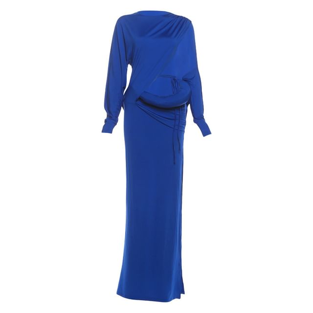 Long-Sleeve Crew Neck One-Shoulder Plain Cutout Maxi Sheath Dress