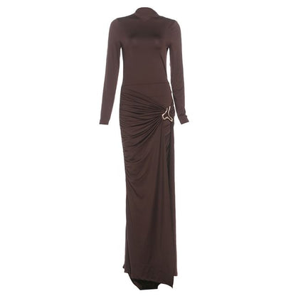 Long-Sleeve Mock Neck Plain Buckled Ruched Maxi Sheath Dress