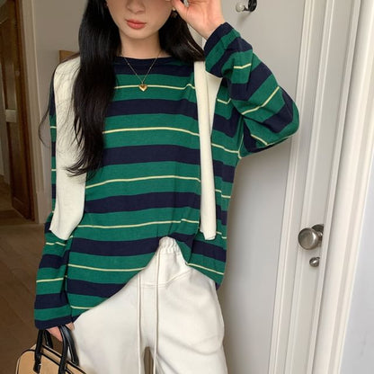 Crew Neck Striped Pullover with Long Sleeves