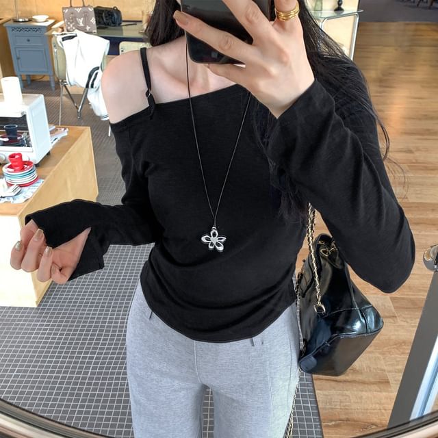 Asymmetric Cold-Shoulder Tee with Extended Sleeves
