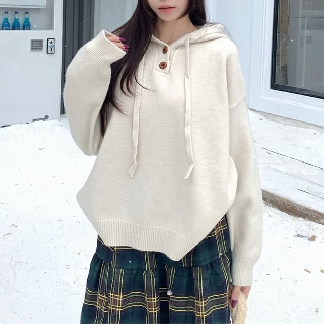 Half-Placket Knit Hoodie in Solid Neutral