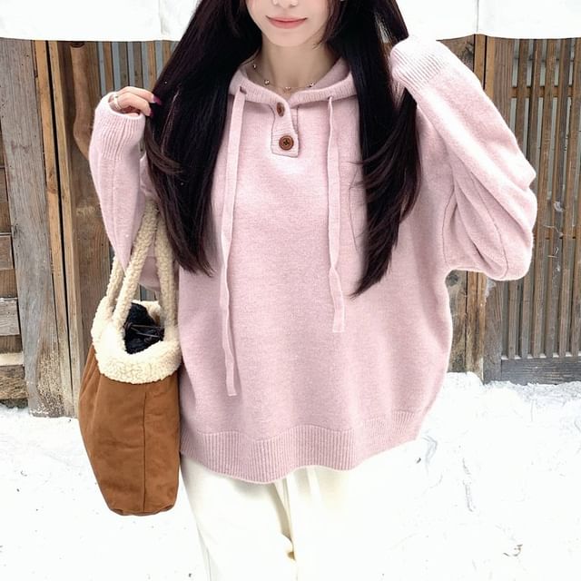 Half-Placket Knit Hoodie in Solid Neutral