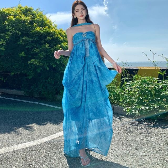 Set: Halter Neck Frill Trim Ruched Open Back Maxi Dress + Brooch