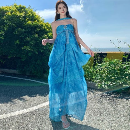 Set: Halter Neck Frill Trim Ruched Open Back Maxi Dress + Brooch