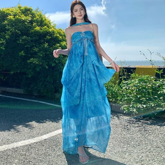 Set: Halter Neck Frill Trim Ruched Open Back Maxi Dress + Brooch