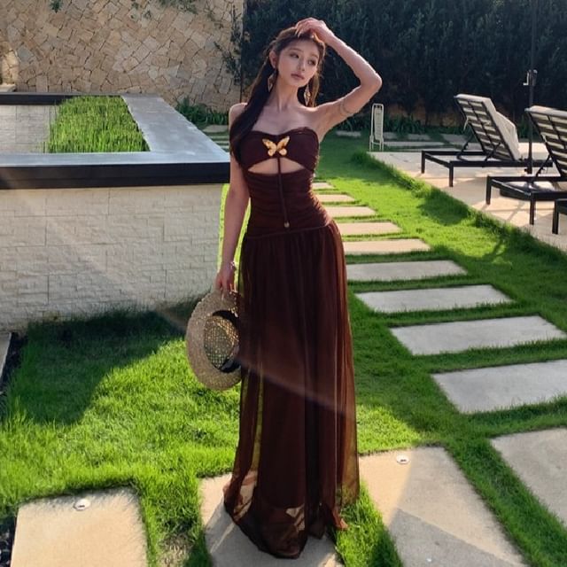 Strapless Metal Accent Cutout Ruched Mesh Maxi A-Line Dress