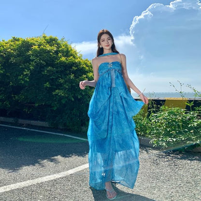 Set: Halter Neck Frill Trim Ruched Open Back Maxi Dress + Brooch
