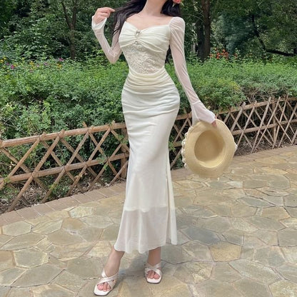 Long-Sleeve V-Neck Lace Panel Ruched Mesh Maxi Mermaid Dress