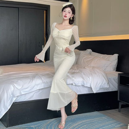 Long-Sleeve V-Neck Lace Panel Ruched Mesh Maxi Mermaid Dress
