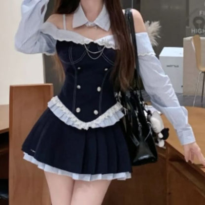 Striped Double Breasted Top, Pleated Mini Skirt & Collar Set
