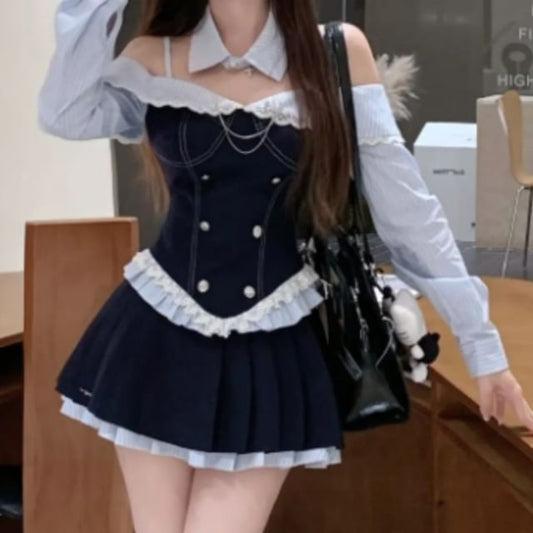 Striped Double Breasted Top, Pleated Mini Skirt & Collar Set