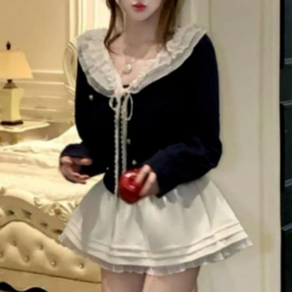Ruffle Collar Cardigan & Plain Mini A-Line Skirt Set