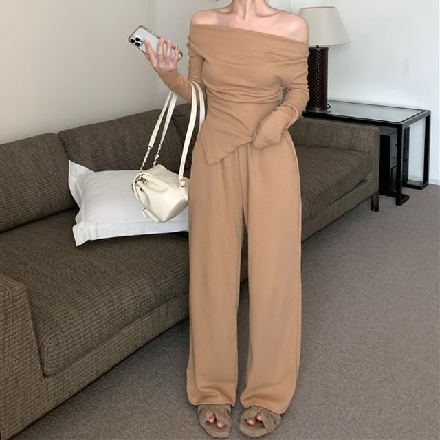 Matching Set: Asymmetric Off-Shoulder Top and High-Waist Pants