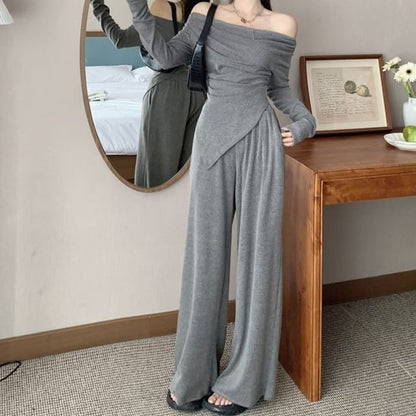 Matching Set: Asymmetric Off-Shoulder Top and High-Waist Pants