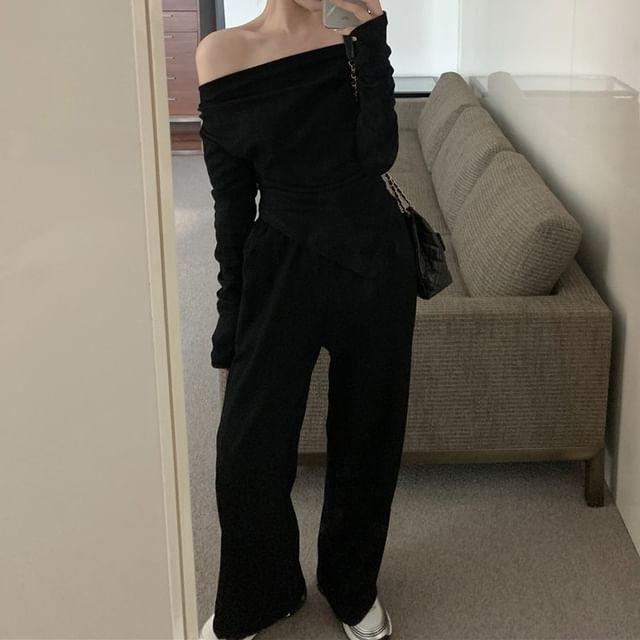 Matching Set: Asymmetric Off-Shoulder Top and High-Waist Pants