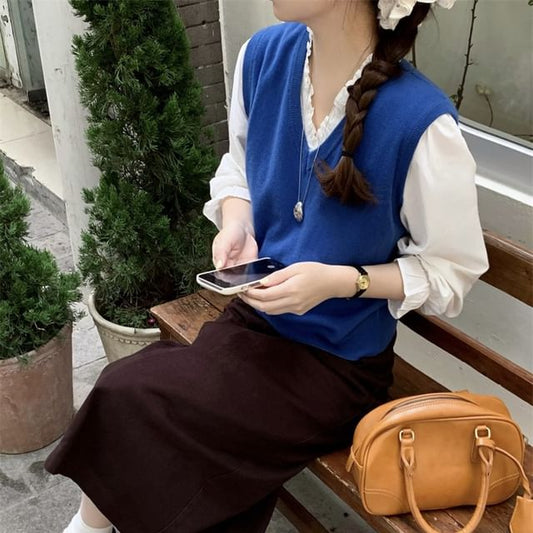 Puff Sleeve Ruffled Blouse, Knit Vest & Midi A-Line Skirt Set