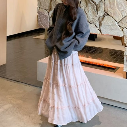 Ruffled Midi Tiered Skirt & High Neck Zip Cardigan Set