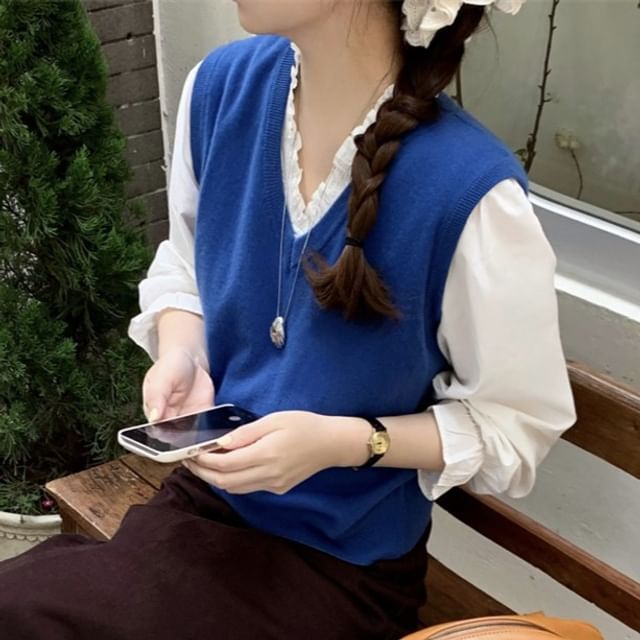 Puff Sleeve Ruffled Blouse, Knit Vest & Midi A-Line Skirt Set
