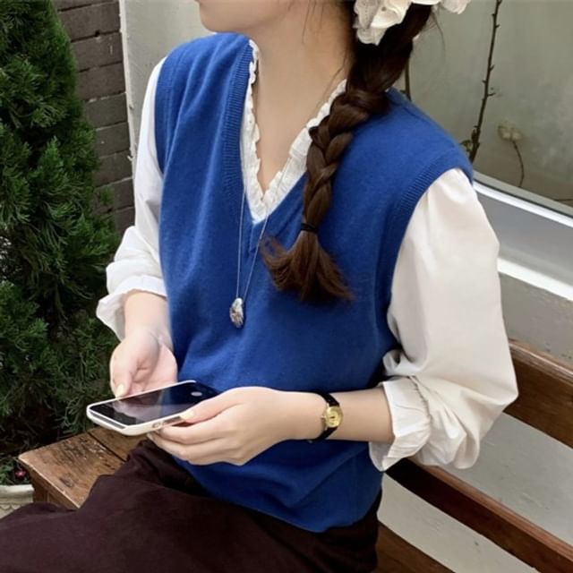 Puff Sleeve Ruffled Blouse, Knit Vest & Midi A-Line Skirt Set