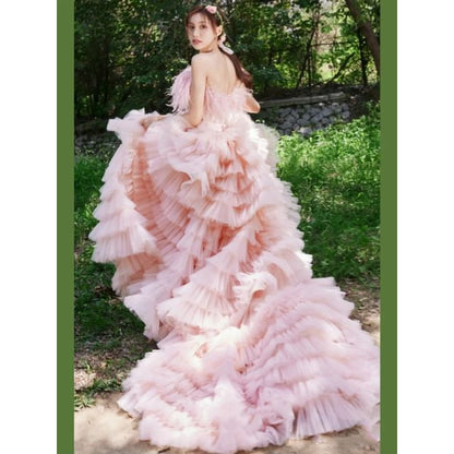 Strapless Feather Panel Tiered Trained A-Line Evening Gown