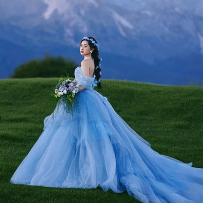 Off-Shoulder Flower Accent Trained Ball Gown