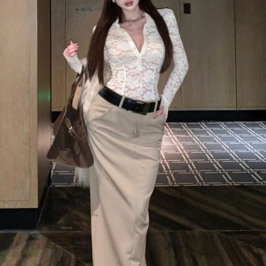 Lace-Trimmed Collared Top Paired with Flowing Maxi Skirt