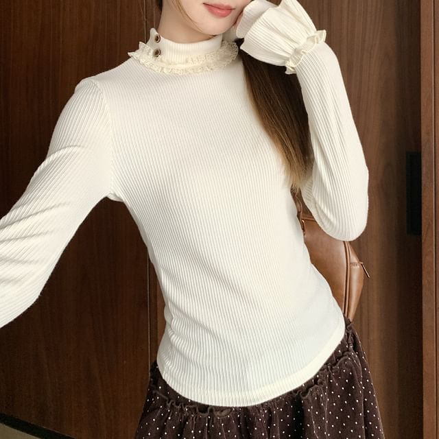 Ruffle-Trim Mock Neck Blouse with Long Sleeves