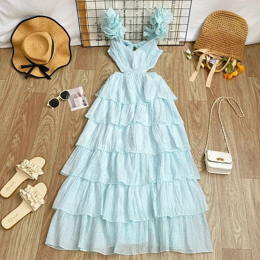 Sleeveless Square Neck Plain Cutout Tiered Maxi Dress