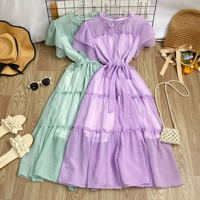Short-Sleeve Round Neck Plain Ruffle Trim Maxi A-Line Dress